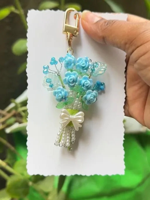 Cornflower Bouquet Charm — handmade blue rose bouquet keychain by MeShanvi Studio