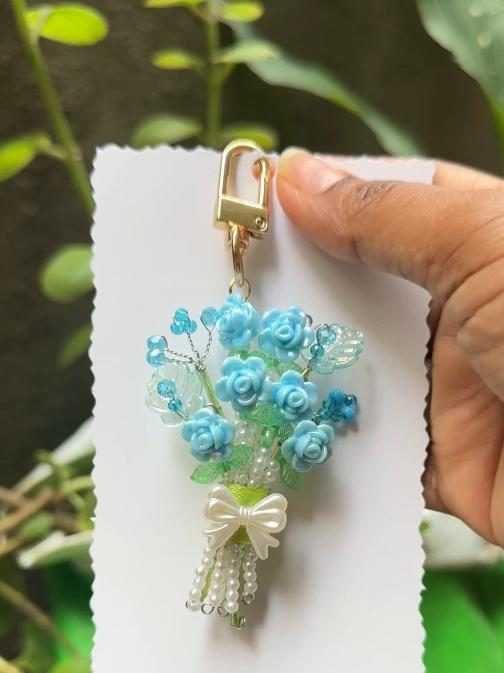 Cornflower Bouquet Charm â handmade blue rose bouquet keychain by MeShanvi Studio