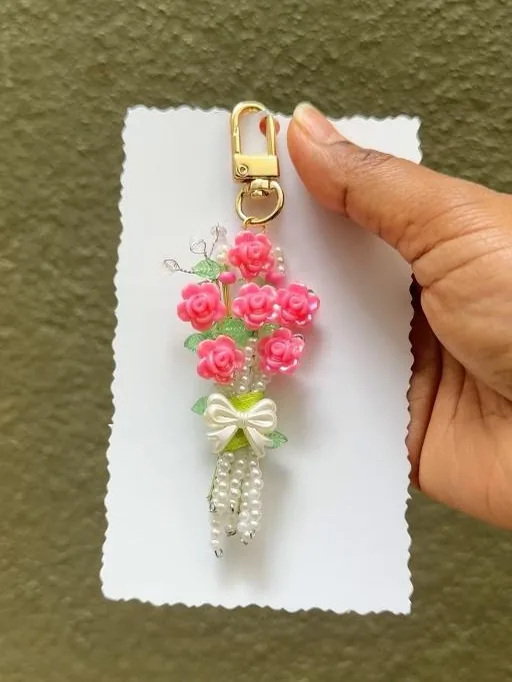 Peony Pink Bouquet Charm — handmade bright pink rose bouquet keychain by MeShanvi Studio