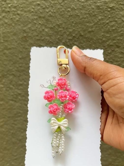 Peony Pink Bouquet Charm â handmade bright pink rose bouquet keychain by MeShanvi Studio